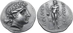 Greek Thrace, Apollonia Pontika AR Tetradrachm. Magistrate Meno..., early 2nd century BC. Laureate head of Apollo right, with spiral locks falling behind neck / Cult statue of Apollo Iastros standing 