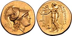 Greek Kings of Thrace, Lysimachos AV Stater. Kolophon, circa 299/8-297/6 BC. Head of Athena right, wearing crested Corinthian helmet decorated with coiled serpent / Nike standing to left, holding wrea