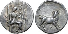 Greek Crete, Gortyna AR Stater. Circa 4th century BC. Europa seated half right within branches of a tree, her right hand resting on a branch below, her left arm extended before her / Cretan bull stand
