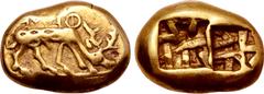 Greek Ionia, Ephesos EL Trite - Third Stater. Phanes, circa 625-600 BC. Stag grazing to right on ground line, diamond indentations on body denoting dappled coat; ΦANE[OS] in retrograde archaic Greek a