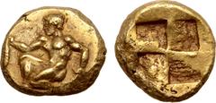 Greek Mysia, Kyzikos EL Hekte. Circa 500-450 BC. Nude youth kneeling to left, holding tunny fish in each hand / Quadripartite incuse square. Goldberg 63, 2469; cf. Von Fritze 70 (stater); cf. Greenwel