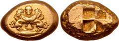 Greek Mysia, Kyzikos EL Stater. Circa 500-450 BC. Double-bodied winged sphinx standing with head facing atop tunny fish to left, wearing ouraios, hair falling in plaited locks behind / Quadripartite i