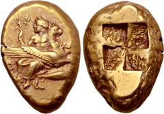 Greek Mysia, Kyzikos EL Stater. Circa 400-330 BC. Apollo reclining half-facing on a griffin flying to right, wearing laurel wreath and chiton draped from waist, holding in right hand; tunny fish below