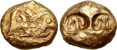Greek Lydia or Ionia, uncertain mint EL Trite - 1/3 Stater. Circa 600-560 BC. Lydo-Milesian Standard. 'Schematic', linear outline of conjoined, roaring lions' heads / Double incuse punch with 'horse s