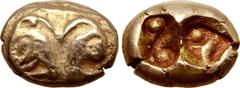 Greek Lydia or Ionia, uncertain mint EL Hekte - 1/6 Stater. Circa 600-560 BC. Lydo-Milesian Standard. Linear outline of conjoined, roaring lions' heads; all on raised square frame / Double incuse punc