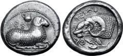 Greek Cyprus, Salamis AR Stater. Nikodamos, circa 460-450. Recumbent ram to right, oinochoe above; Cypriot script 'pa-si-le-wo-[se ni-ko-ta-mo]' around / Head of ram to left, olive branch and elaborat