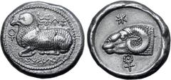 Greek Cyprus, Salamis AR Stater. Evanthes, circa 450 BC. Ram recumbent to left; Cypriot script 'pa-si-le-o e-u-wa-te-o' around / Ram's head to left, Cypriot character 'a' above, ankh symbol below; all