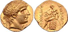 Greek Seleukid Empire, Antiochos I Soter AV Stater. Aï Khanoum, circa 266-261 BC. Diademed head of Antiochos I to right, with rejuvenated and idealised features / Apollo Delphios, nude, seated to left