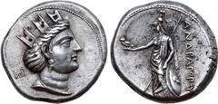 Greek Parthia, Andragoras AR Tetradrachm. Ekbatana, circa 246/5-239/8 BC. Turreted head of Tyche right, wearing pendant earring and necklace; monogram of Andragoras behind / Athena standing left, wear
