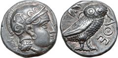 Greek Baktria, 'Athenian Series' AR Didrachm. Uncertain mint in the Oxus region, circa 261-239/8 BC. Attic standard. Head of Athena right, wearing earring, necklace, and crested Attic helmet decorated