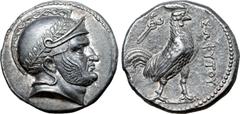 Greek Baktria, Sophytes AR Tetradrachm. Uncertain mint in the Oxus region, circa 246/5-235 BC. Attic standard. Head of Seleukos(?) right, wearing laurel wreathed Attic helmet decorated with spiral pat