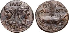 Roman Provincial Augustus and Agrippa Æ As of Nemausus, Gaul. Circa AD 10-14. Heads of Agrippa and Augustus back to back, Agrippa wearing rostral crown and laurel wreath, facing left, Augustus laureat
