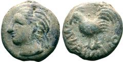 Roman Republic Northern Apulia, Luceria Æ Cast Nummus. Magistrate M. Lavinius, circa 275-225 BC. Head of Apollo left / M•LAVINIO, cockerel standing to left; mark of value I between A and V. Cf. Haeber