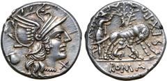 Roman Republic Sex. Pompeius Fostlus AR Denarius. Rome, 137 BC. Helmeted head of Roma to right; behind, jug; X below chin / SEX•PO FOSTLVS, below, ROMA, she-wolf standing right, head left, suckling Ro