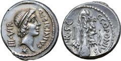 Roman Republic Q. Sicinius and C. Coponius AR Denarius. Military mint moving with Pompey, 49 BC. Diademed head of Apollo right, XVI monogram below, III VIR behind, Q. SICINIVS before / Club of Hercule