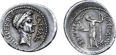 Roman Imperatorial Julius Caesar AR Denarius. Rome, January-February 44 BC. Lifetime issue. P. Sepullius Macer, moneyer. CAESAR DICT PERPETVO, wreathed head of Caesar right / P•SEPVLLIVS MACER, Venus 