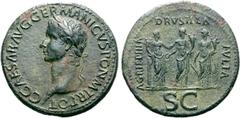 Roman Imperial Caligula Æ Sestertius. Rome, AD 37-38. C CAESAR AVG GERMANICVS PON M TR POT, laureate bust left / AGRIPPINA DRVSILLA IVLIA, the three sisters of Caligula standing facing: Agrippina, as 
