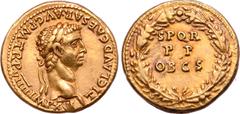 Roman Imperial Claudius I AV Aureus. Rome, AD 49-50. TI CLAVD CAESAR•AVG•P•M•TR•P•VIIII•IMP•XVI, laureate head right / SPQR P P • OB CS in three lines within oak wreath corona civica). RIC 48; C. 88; 