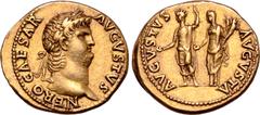 Roman Imperial Nero AV Aureus. Rome, AD 64-66. NERO CAESAR AVGVSTVS, laureate head right / AVGVSTVS AVGVSTA, Nero, radiate and togate, standing to left, holding patera in right hand and sceptre in lef