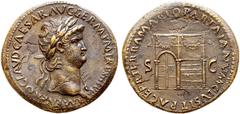 Roman Imperial Nero Æ Sestertius. Rome, AD 67. IMP NERO CLAVD CAESAR AVG GERM P M TR P XIII P P, laureate head right, aegis on far shoulder / PACE P R TERRA MARIQ PARTA IANVM CLVSIT, view of the Templ