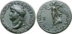Roman Imperial Nero Æ Dupondius. Lugdunum, AD 66. IMP NERO CAESAR AVG P MAX TR P P P, laureate head left / VICTORIA AVGVSTI, Victory advancing left, holding wreath and palm; S-C across fields. RIC 523