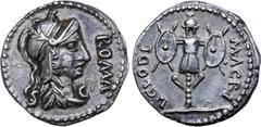 Roman Imperial Clodius Macer AR Denarius. Carthage(?), April - October(?) AD 68. Helmeted head of Roma right; ROMA before, S-C across fields / L CLODI MACRI, trophy. RIC 31 var. (SC below); BMCRE p. 2