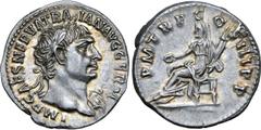 Roman Imperial Trajan AR Denarius. Rome, AD 100. IMP CAES NERVA TRAIAN AVG GERM, laureate bust right, aegis on far shoulder / P M TR P COS III P P, Vesta seated to left, veiled and holding patera and 