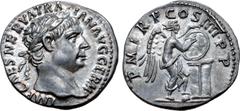 Roman Imperial Trajan AR Denarius. Rome, AD 102 AD. IMP CAES NERVA TRAIAN AVG GERM, laureate bust right / P M TR P COS IIII P P, Victory standing to right, left foot on helmet, inscribing shield set o