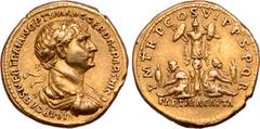 Roman Imperial Trajan AV Aureus. Rome, AD 116. IMP CAES NER TRAIAN OPTIM AVG GER DAC PARTHICO, laureate, draped and cuirassed bust right / P M TR P COS VI P P S P Q R, Parthia seated right, head facin
