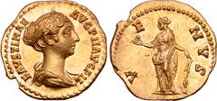 Roman Imperial Faustina II (daughter of A. Pius and wife of M. Aurelius) AV Aureus. Rome, AD 149-152. FAVSTINAE AVG PII AVG FIL, draped bust right with hair waved and coiled at back with band of pearl