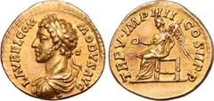 Roman Imperial Commodus AV Aureus. Rome, AD 180. L AVREL COMMODVS AVG, laureate, draped, and cuirassed bust left / TR P V•IMP IIII COS II P•P, Victory seated to left, holding patera in right hand and 