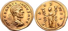 Roman Imperial Aurelian AV Aureus. Siscia, AD 270-271. IMP C D AVRELIANVS AVG, laureate, draped and cuirassed bust right / FIDES MILI, Fides standing facing, head left, holding military standard in ea