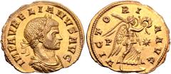 Roman Imperial Aurelian AV Aureus. Siscia, Autumn AD 271. IMP AVRELIANVS AVG, laureate, draped and cuirassed bust right / VICTORIA AVG, Victory advancing right, holding wreath and palm; P to left, sta