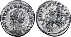 Roman Imperial Numerian Silvered BI Denarius. Lugdunum, spring-summer AD 283. IMP NVMERIANVS AVG, laureate and cuirassed bust right, holding spear over left shoulder / SPES PVBLICA, Carinus and Numeri