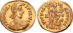 Roman Imperial Honorius AV Solidus. Ravenna, AD 402-406. D N HONORIVS P F AVG, pearl-diademed, draped and cuirassed bust right / VICTORIA AVGGG, Emperor standing right, holding standard and Victory on