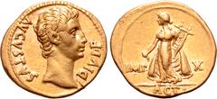 Roman Imperial Augustus AV Aureus. Lugdunum, 15 BC. AVGVSTVS DIVI • F, bare head right / Apollo Citharoedus of Actium, standing left, holding plectrum and lyre; IMP • X across field, ACT in exergue. R
