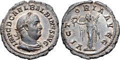 Roman Imperial Balbinus AR Denarius. Rome, AD 238. IMP C D CAEL BALBINVS AVG, laureate, draped and cuirassed bust right / VICTORIA AVGG, Victory standing front with wreath and palm. RIC 8; RSC 27. 2.5