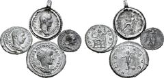 Large Lots Lot of 4 Roman Imperial AR Coins. Includes: Vespasian AR Hemidrachm of Caesarea, Cappadocia (RPC II 1659); Severus Alexander AR Denarii (RIC 221 set in pendant & RIC 144); Gordian III AR An