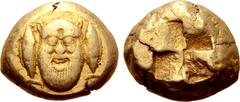 Greek Mysia, Kyzikos EL Stater. Circa 500-450 BC. Head of Silenos facing; tunny fish upward to either side / Quadripartite incuse square. CNG 75, 2007, 336; cf. Von Fritze 77 (fractions); SNG France -