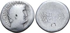 Roman Imperatorial Marc Antony AR Denarius. Athens, 32 BC. M. Junius Silanus, quaestor proconsul. ANTON AVG IMP III [COS DES III V R P C], bare head of Marc Antony right; [in hair below ear, small P] 