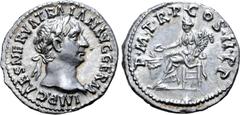 Roman Imperial Trajan AR Denarius. Rome, circa AD 98-99. IMP CAES NERVA TRAIAN AVG GERM, laureate head right / P M TR P COS III P P, Concordia seated left, holding patera over lighted and garlanded al