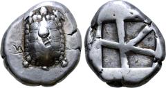Greek Islands off Attica, Aegina AR Stater. Circa 456/45-431 BC. Land tortoise with segmented shell / Large square incuse with skew pattern. Meadows, Aegina, Group IIIb; HGC 6, 437; Dewing 1683. 12.32