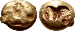 Greek Lydia or Ionia, uncertain mint EL Hekte - 1/6 Stater. Circa 600-560 BC. Lydo-Milesian Standard. Linear outline of conjoined, roaring lions' heads; all on raised square frame / Double incuse punc