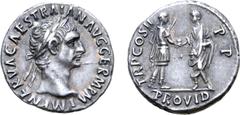 Roman Imperial Trajan AR Denarius. Rome, 28 January - February AD 98. IMP CAES NERVA TRAIAN AVG GERM, laureate head right / TR P COS II P P, Trajan standing to right, receiving globe from Nerva standi