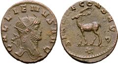 Roman Imperial Gallienus Æ Antoninianus. Rome, AD 267-268. GALLIENVS AVG, radiate head right / DIA[NAE] CONS AVG, stag walking left; X in exergue. MIR 744b; RIC 179. 3.43g, 21mm, 6h. Good Extremely Fi
