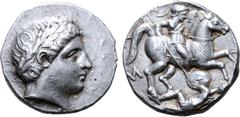 Greek Kings of Paeonia, Patraos AR Tetradrachm. Uncertain Paeonian mint (Astibus or Damastion?), circa 335-315 BC. Laureate head of Apollo to right / Warrior on horse rearing to right, spearing enemy 