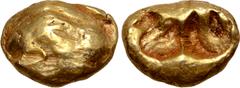 Greek Lydia or Ionia, uncertain mint EL Hekte - 1/6 Stater. Circa 600-560 BC. Lydo-Milesian Standard. Linear outline of conjoined, roaring lions' heads; all on raised square frame / Double incuse punc