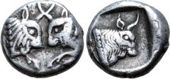 Greek Karia, uncertain mint (Mint D) AR Obol. Circa 5th century BC. Milesian standard. Confronted foreparts of two bulls / Head of bull right within incuse square. Cf. Roma E-15, 265; cf. Konuk, Coin 