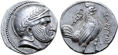 Greek Baktria, Sophytes AR Tetradrachm. Uncertain mint in the Oxus region, circa 246/5-235 BC. Attic standard. Head of Seleukos(?) right, wearing laurel wreathed Attic helmet decorated with spiral pat