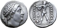 Greek Greco-Baktrian Kingdom, Diodotos I Soter AR Tetradrachm. In the name of Antiochos II of the Seleukid Empire. Mint A (near Aï Khanoum), circa 255-235 BC. Diademed head of Diodotos I right / Zeus 